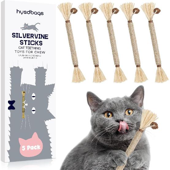 5 Pack Silvervine Sticks Cat Toys, Natural Chew Kitten Teething Toys for Cleaning, Matatabi Catnip Treat Toys, Catmint Silver Vine Sticks for Bored