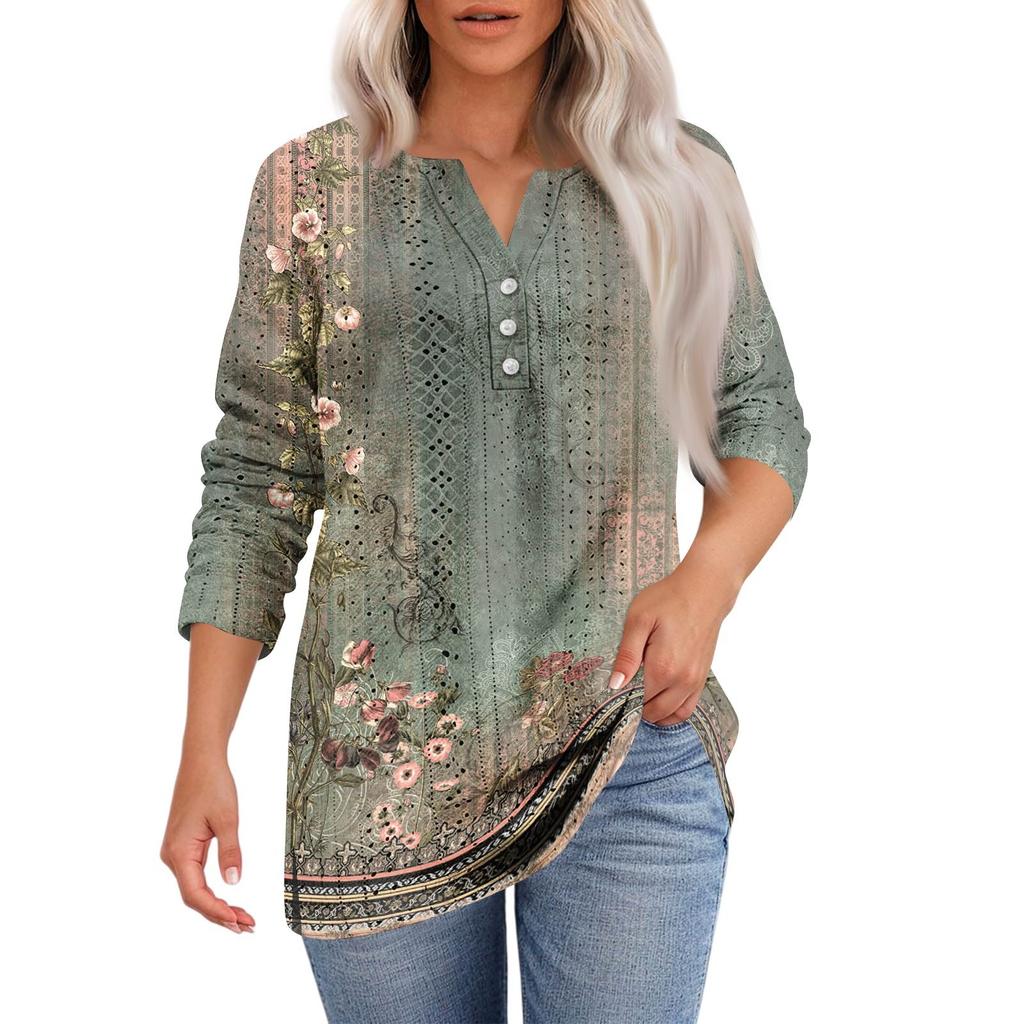 Women's T Shirt Tee Print Button 3/4 SleeveDaily Weekend Fashion Basic V- Neck Regular Top
