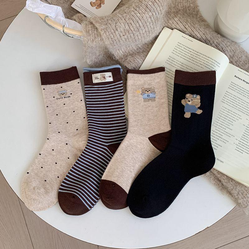 Korean Striped Cloth Label Cute Bear Mid-Tube Socks Contrasting Boneless Cotton Socks