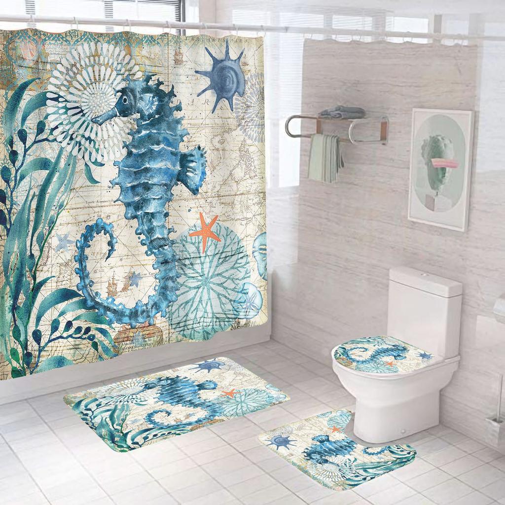 Bathroom Shower Curtain Four-piece Digital Printing Sand Underwater World Waterproof Shower Curtain Shower Curtain Partition Curtain Bath Mat