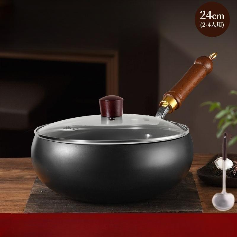 24cm litinová wok pánev s poklicí a špachtlí - bez povrchové úpravy, nepřilnavá technologie, ideální pro tradiční čínské vaření
