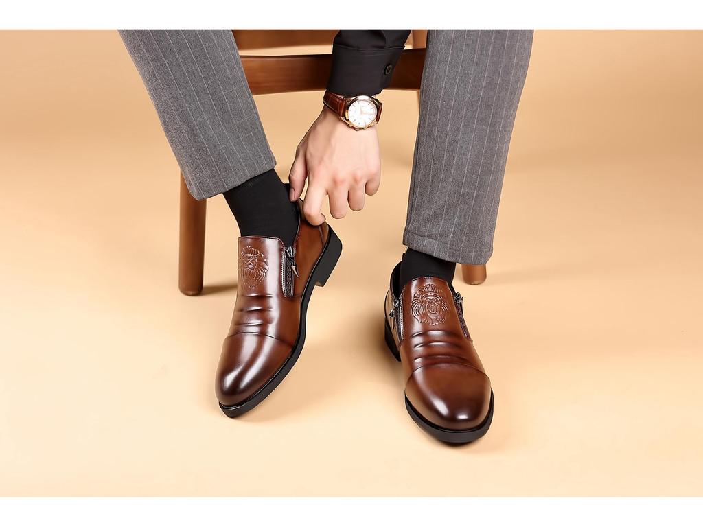 Men's Autumn/Winter Business Casual Leather Shoes with Lion Head Zipper – High & Low Top, Pointed Style