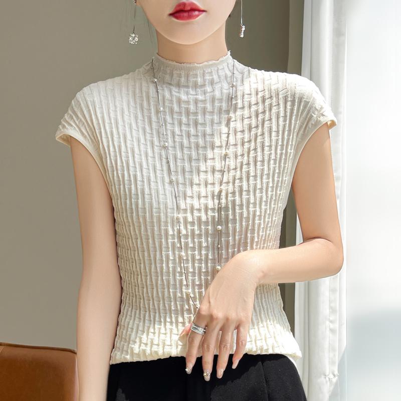 Women T-shirt Tank Summer Knitted T-shirt Short Sleeve Tees Basic Tees Knit Top Pullover Turtleneck Female