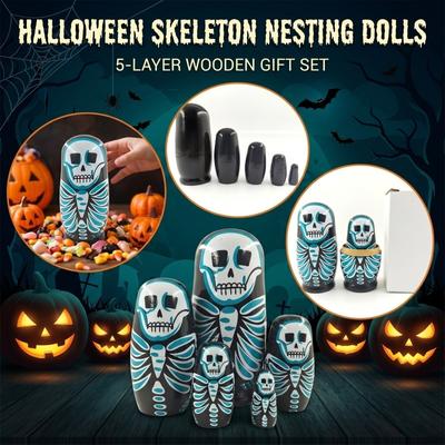5 Layer Halloween Nesting Dolls Wooden Matryoshka Toy with Pattern for Holiday Decor and Gifts