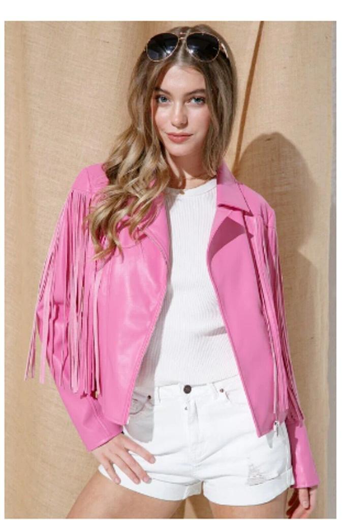 Women Lambskin Barbie Jacket Party Fringed Pink Design Handmade Suede Leather