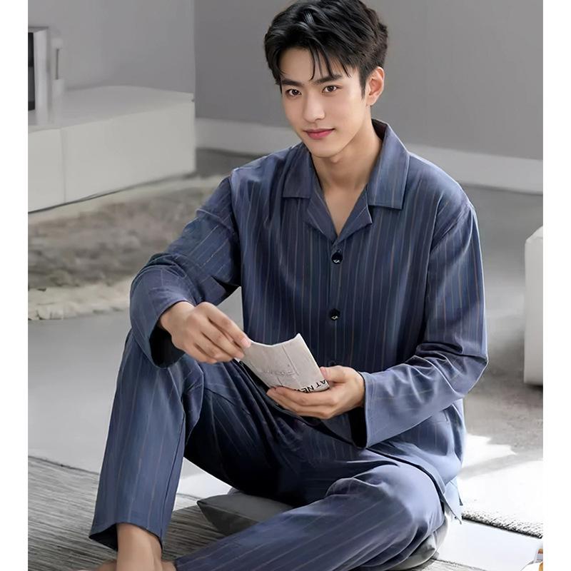 Men's Loose-Fit Pure Cotton Pajama Set: Long Sleeve Cardigan & Pants for Spring/Autumn