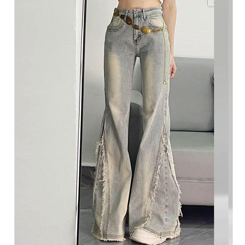 American Retro High-waisted Micro-flared Jeans Women's Rough Edge Splicing Design Sense Slim and Thin Straight Horseshoe Pants