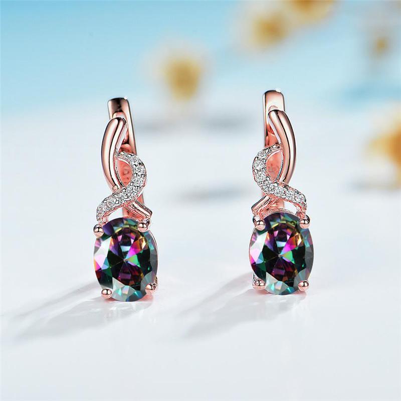 Classic Red Oval Zircon Multicolor Crystal Birthstone Hoop Earrings Champagne Gold Color Wedding  For Women