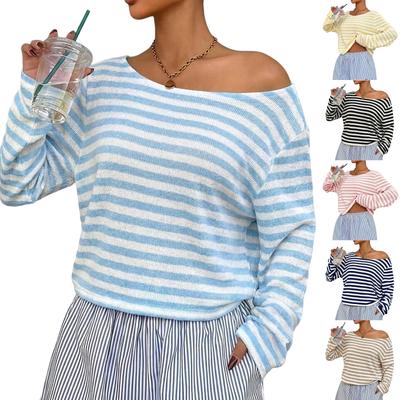 Haut pull pull over rayé en maille à manches longues décontracté pour femme Coupe ample Épaules tombantes Tissu léger et doux pour un usage quotidien