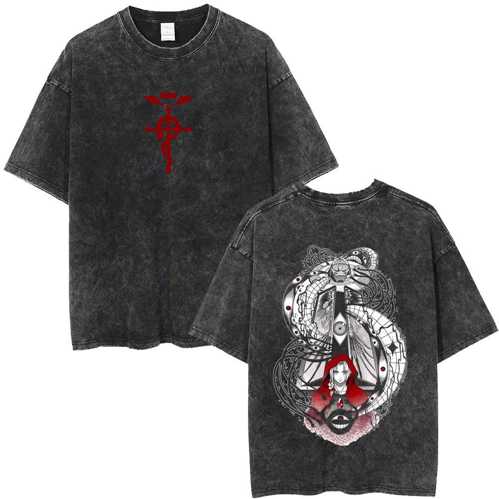 Camiseta Gráfica Lavada Vintage Anime Fullmetal Alchemist Edward Elric y Alphonse Elric para Hombre Mujer Manga Verano Retro Camisetas
