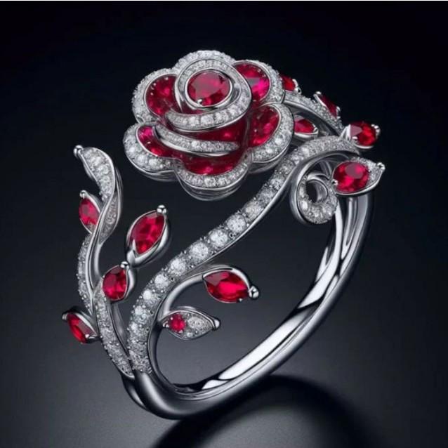 Luxurious Red Marquise Cut Ring with Intertwined Leaves and Flowers Design