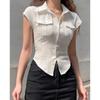 Chemise d'été pour femme coupe slim blanche style Hong Kong à manches courtes et col polo