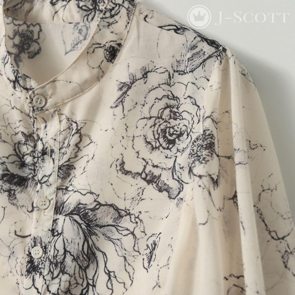 Flower Print Puff J-Scott Painting-Style Blouse, Collarless, Sleeves, Sheer, Lightweight, Refreshing, Ivory, JS46-IV-S