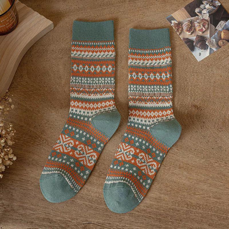 Japanese Retro Ethnic Style Maillard Fair Island Warm Knitted Socks For Women
