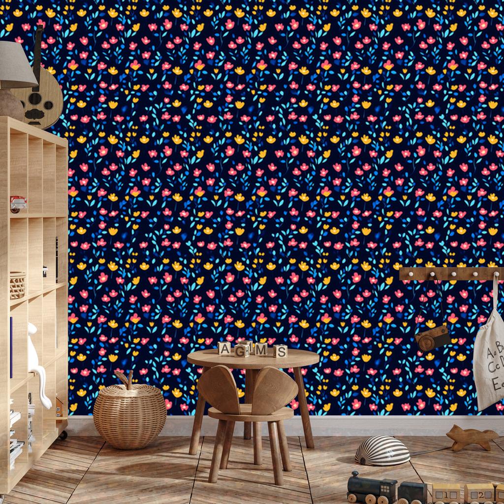 Navy Blue and Blue Flowers Wallpaper for Living Room and Bedroom 50x1000
