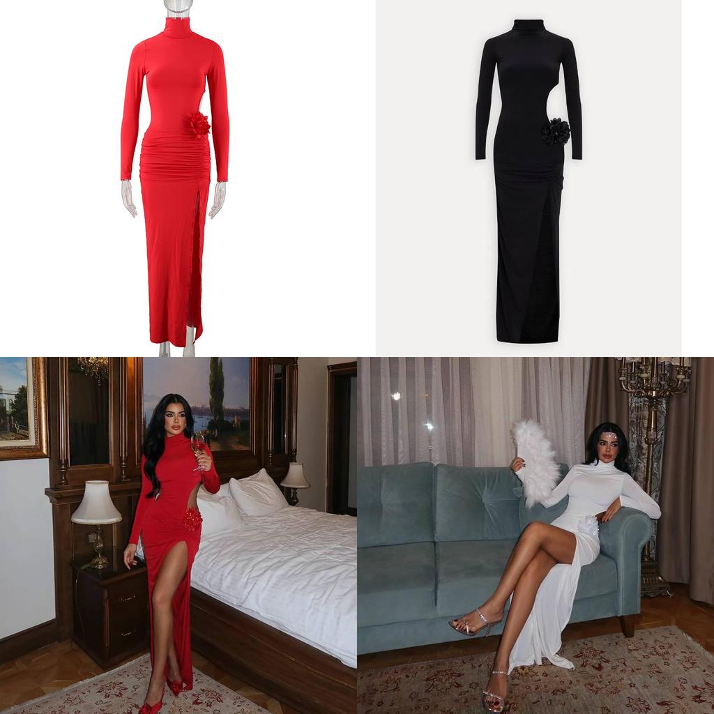 Sexy Red Satin Night Dress With 3d Floral Embellishments For Evening Wear