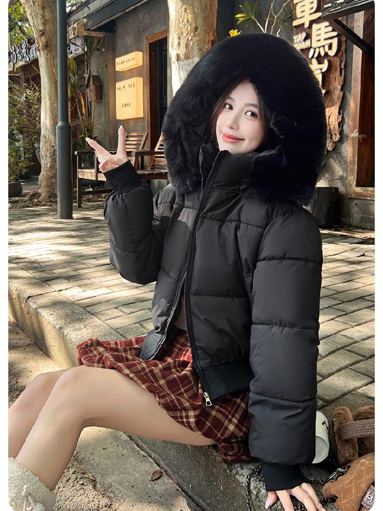Hooded Cotton-padded Jacket Short Winter Thickened Warm Coat With Fur Collar
