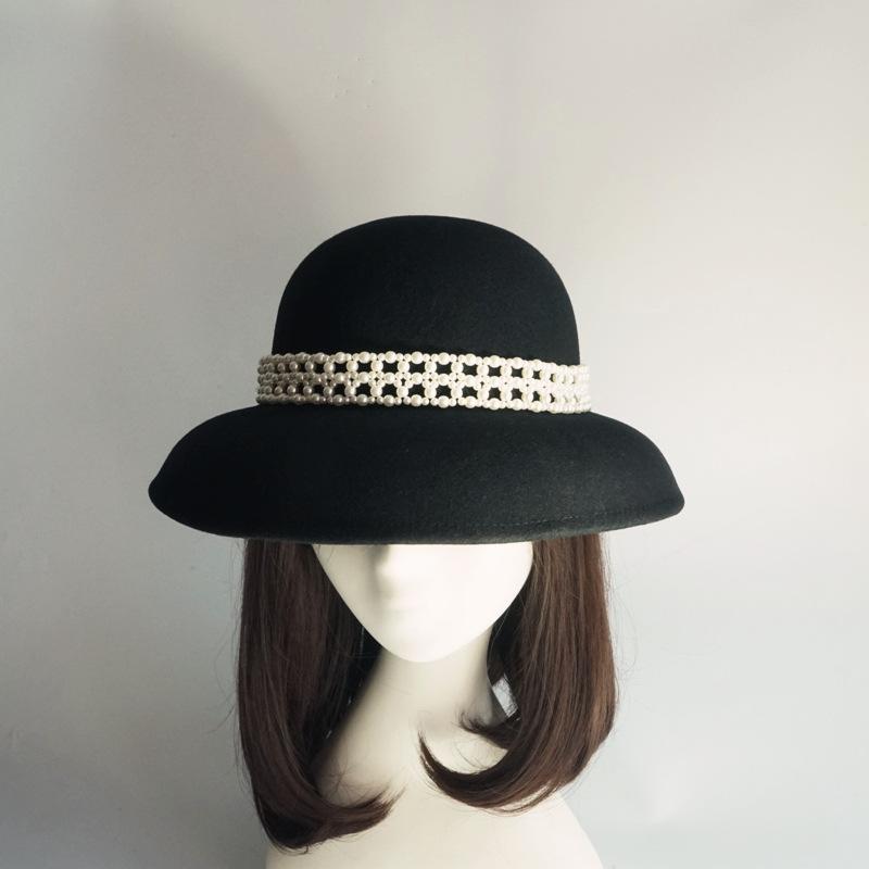 

French Elegant Retro Pearl Celebrity Wool Top Hat Female Autumn And Winter Hepburn Bell Hat Black Versatile Fisherman M（56-58cm）