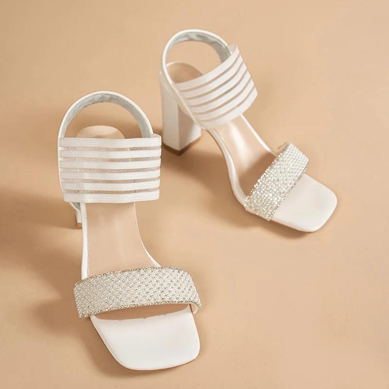 Elegant Ladies Beige String Bead Sandals Summer 2025 High Heels Pearl Mesh Dress Shoes Woman Banquet Party Shoes Sandalias Mujer