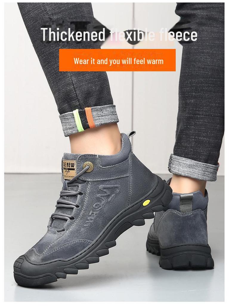 Vintersnøstøvler for menn: Ekte skinn, Tykk fløyel, Utendørs bomullssko med ullfôr for varme