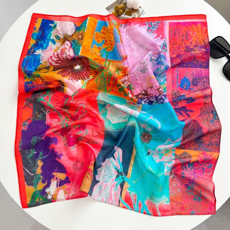 New Versatile Pastoral Oil Painting Printing Small Square Scarf Light and Breathable Silk Cotton Small Scarf Women's French Silk Scarf