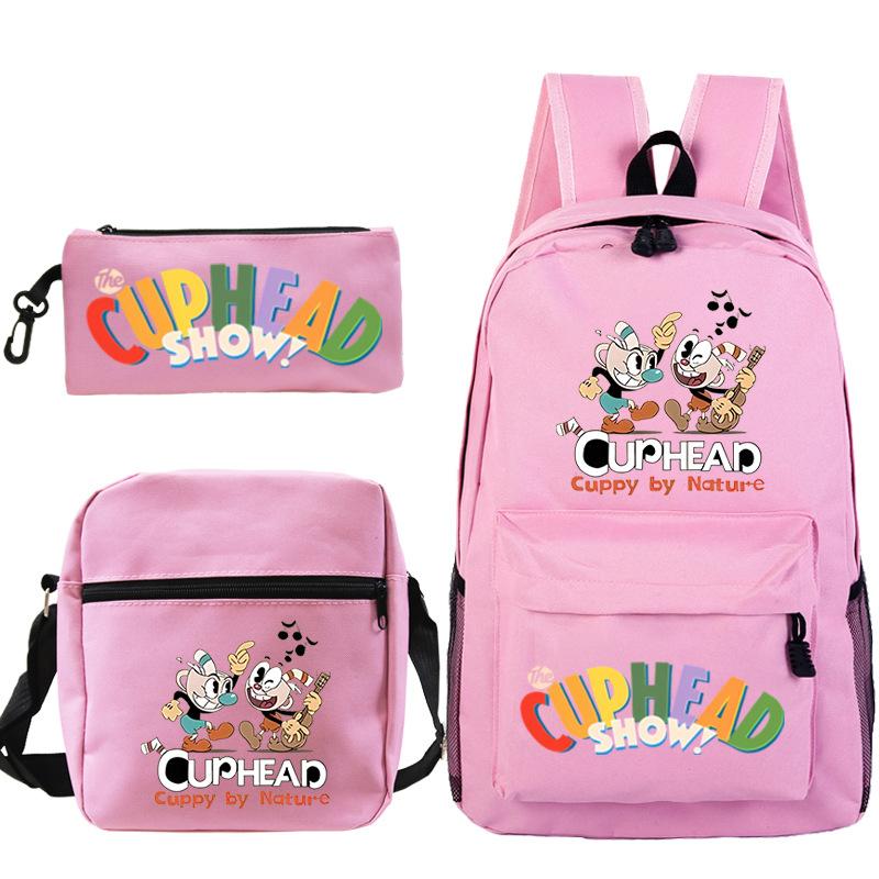Cartoon Teacup Head Cuphead Student Backpack Oblique Span Bag Pencil Bag Primary And Secondary School Students Children'S Schoolbag Three-Piece Set