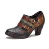Johnature Genuine Leather Pumps Women Shoes Retro Round Toe Fashion High Heels Printed Handmade Ladies Shoes