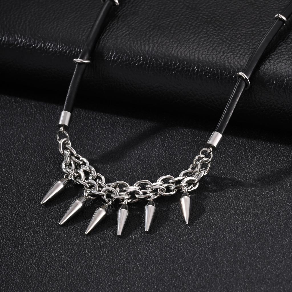 Xiaomi Vnox Punk Cone Spike Pendant Necklace for Men, Stainless Steel Black Leather Cord Choker Gothic Layered Chain Daily Jewelry Gift