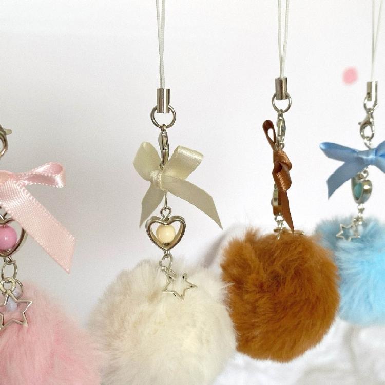 Trendy Pentastars Key Rings Pendant Rabbit Faux Furs Ball Keychain  Accessories