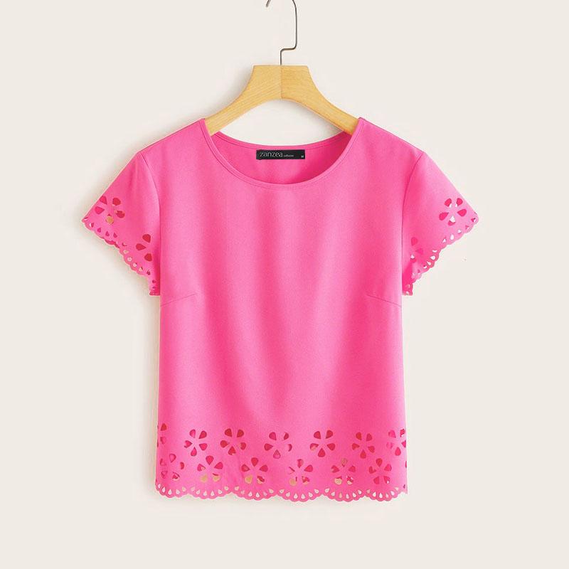 

ZANZEA Женская повседневная блузка с круглым вырезом и короткими рукавами с ажурной вставкой S темно-розовый