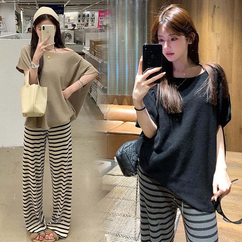

2026 Summer Off-the-Shoulder Knit Top & Striped Wide-Leg Pants Set XL