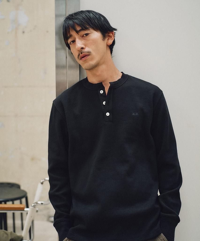 HEBIWEDEO Washable Waffle Henley Neck