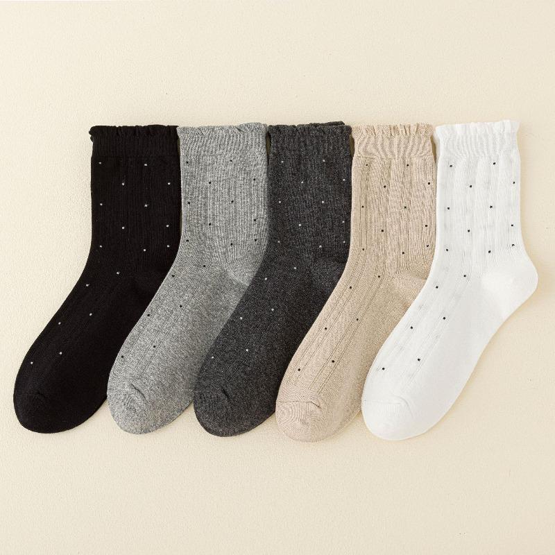 Polka Dot Socks for Women's Autumn and Winter Mid-calf Socks, Fresh Black Fungus Edge Pile Socks, Lace Versatile Socks