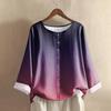 Women's Casual Long-sleeved Round Neck Gradient Cotton And Linen Top