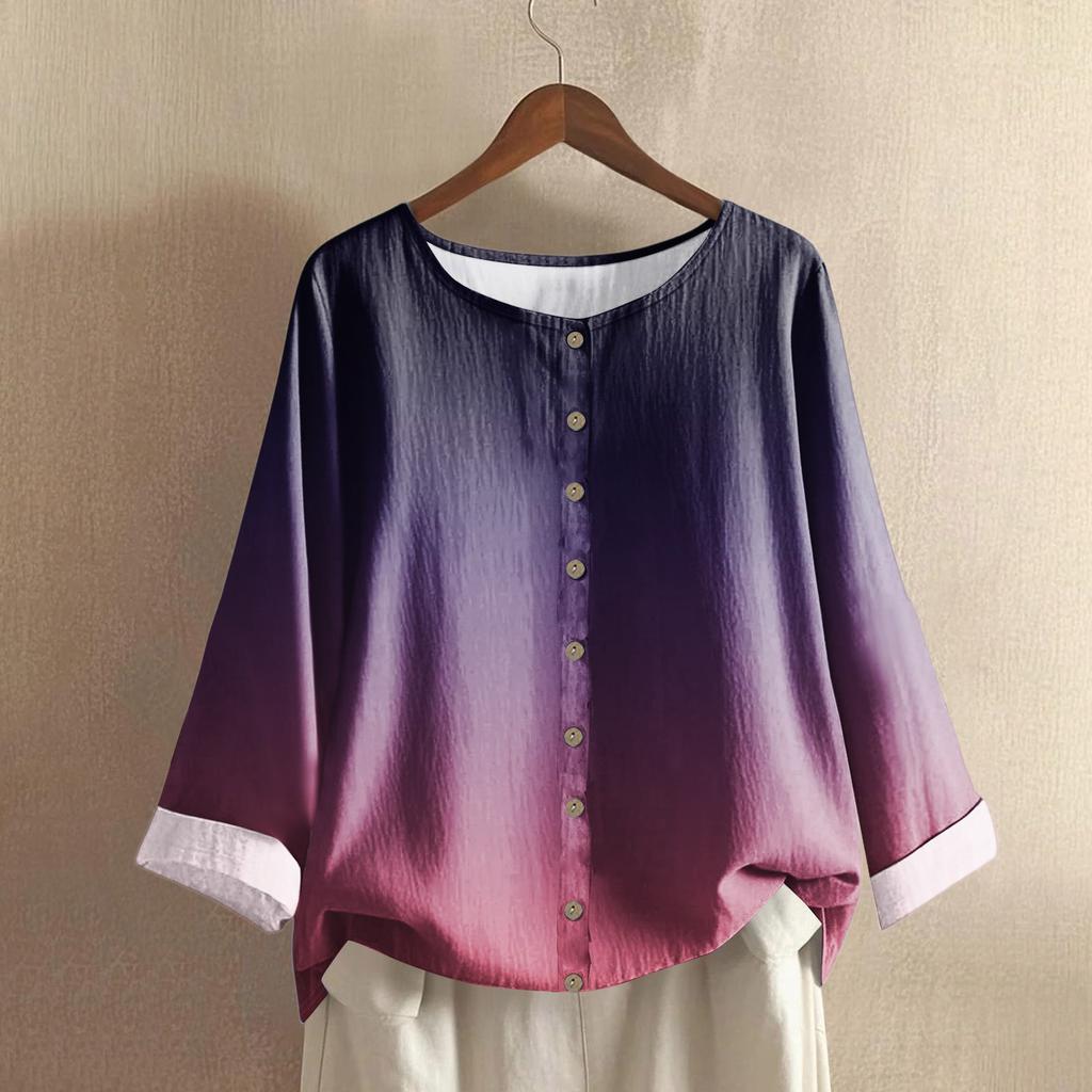 Women's Casual Long-sleeved Round Neck Gradient Cotton And Linen Top