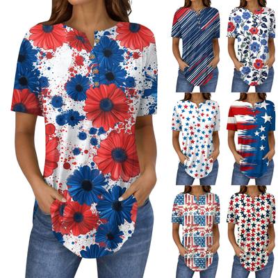 Kurzarm Damen Tops Sommer T-Shirts Druck V-Ausschnitt Lässig Basic T-Shirt Knopfhemden Tunika Tops Unabhängigkeitstag