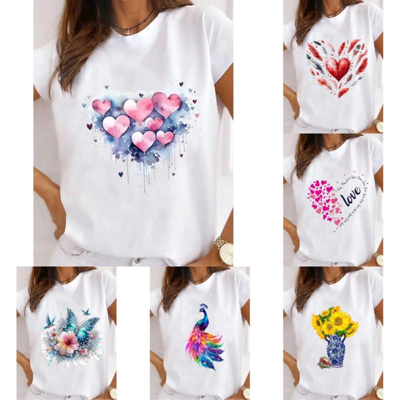 Oneck Tshirt Creative Flower Heart Short Sleeve Tshirt Female Women Clothing Funny Women T Shirt Casual Aesthetic Tshirts