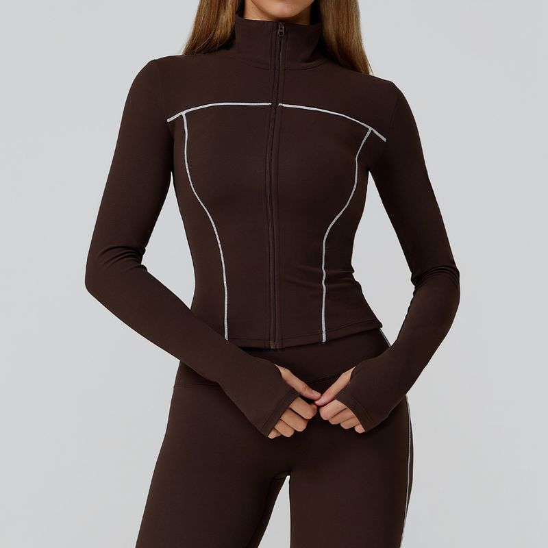 

Спортивная верхняя одежда женская стойка воротник молния приталенная прилегающая к телу осень и зима одежда для тренировок топы для бега тренировок йоги длинный рукав Deep Brown L