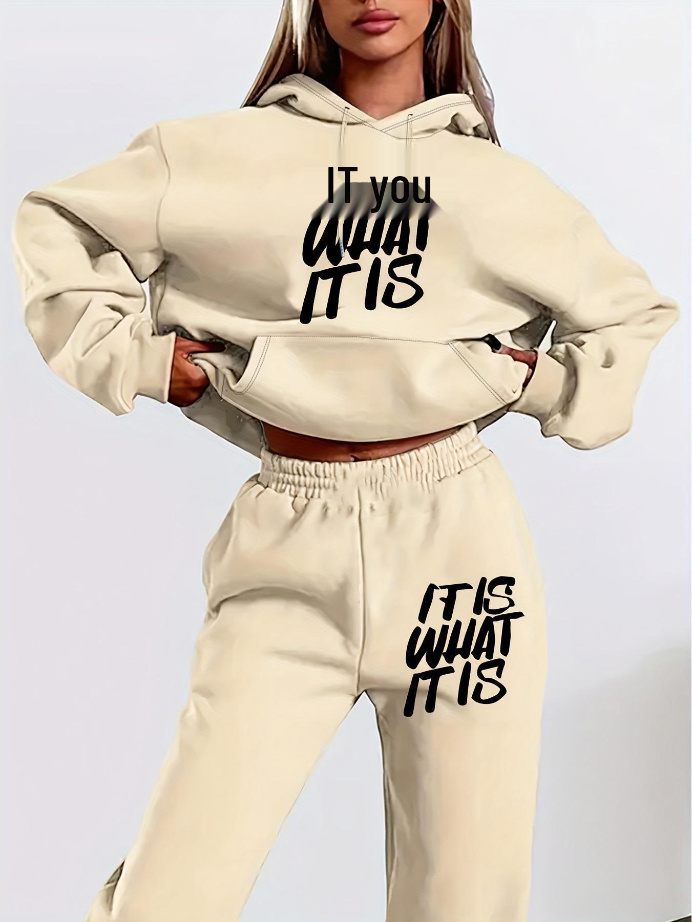 

European & American Women s Plus Size Casual Hooded Sweatshirt Set with Trendy Print S