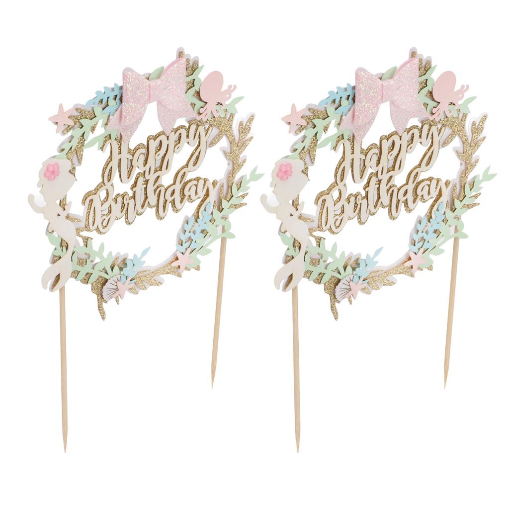 2Pcs Cake Toppers Pink Bow Sparkling Exquisite Safe Degradable Happy Birthday Cake Decoration
