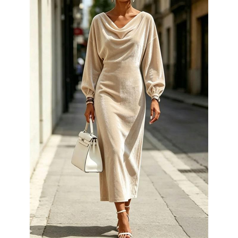 Autumn European and American fashion new velvet lantern sleeve swing neck long sleeve dress S