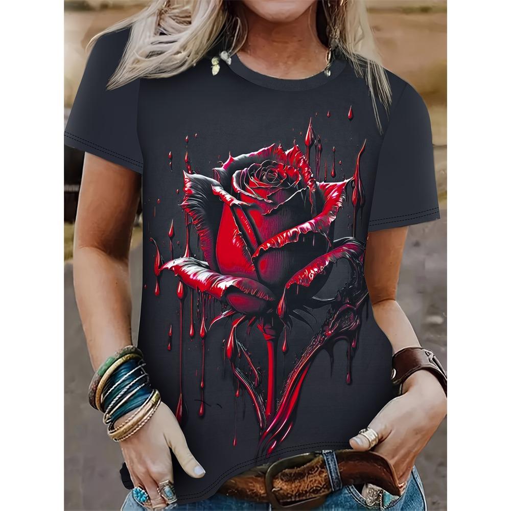 Summer Women's T Shirt Vintage Patchwork Pattern Tee Short Sleeve Women's Casual Short Sleeve Tee Round Neck Commuter Clothing