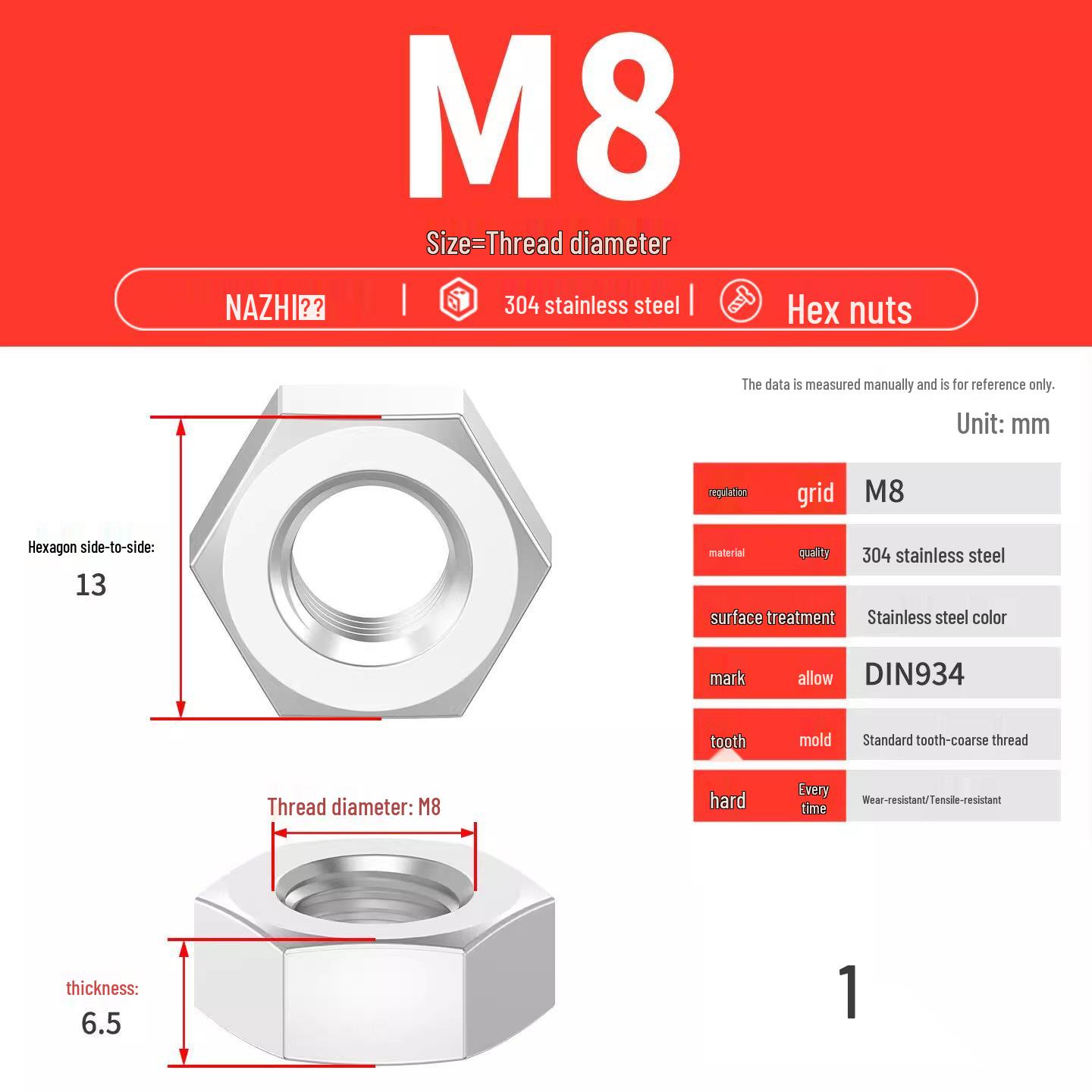 

Шестигранная гайка из нержавеющей стали 304, правая резьба, натуральный цвет, размеры: М1.6-М12.