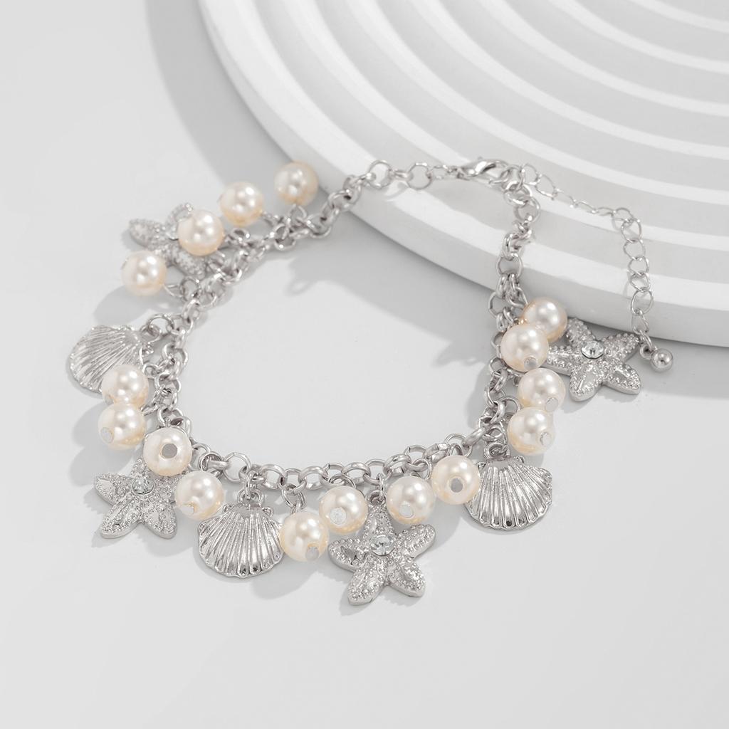 Ocean Vacation Style Starfish Scallop Shell Anklet, Bohemian Stacked Imitation Pearl Beaded Feet