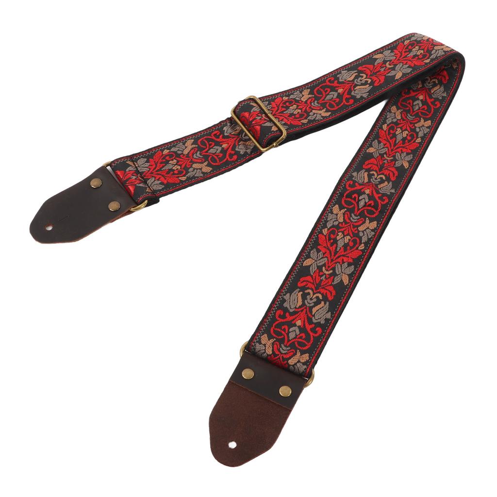 Gitarrengurt Lederkopf für Akustik E-Gitarre Bestickter Jacquard Vintage Blumenmuster Schwarz