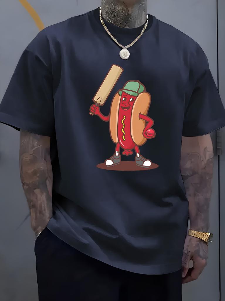 New Unisex Purple Crew Neck Tee Funny Cartoon Hot Dog Character Hold Cricket Bat and Ball Sport Food Hybrid Soft Cotton Male Tops