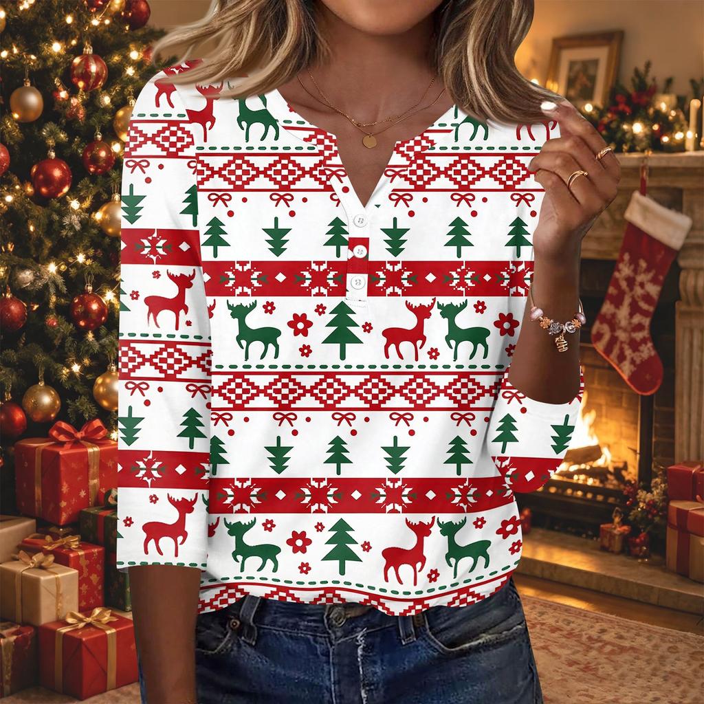 Women's Casual Christmas Print V-Neck Button 3/4 Sleeve T-Shirt