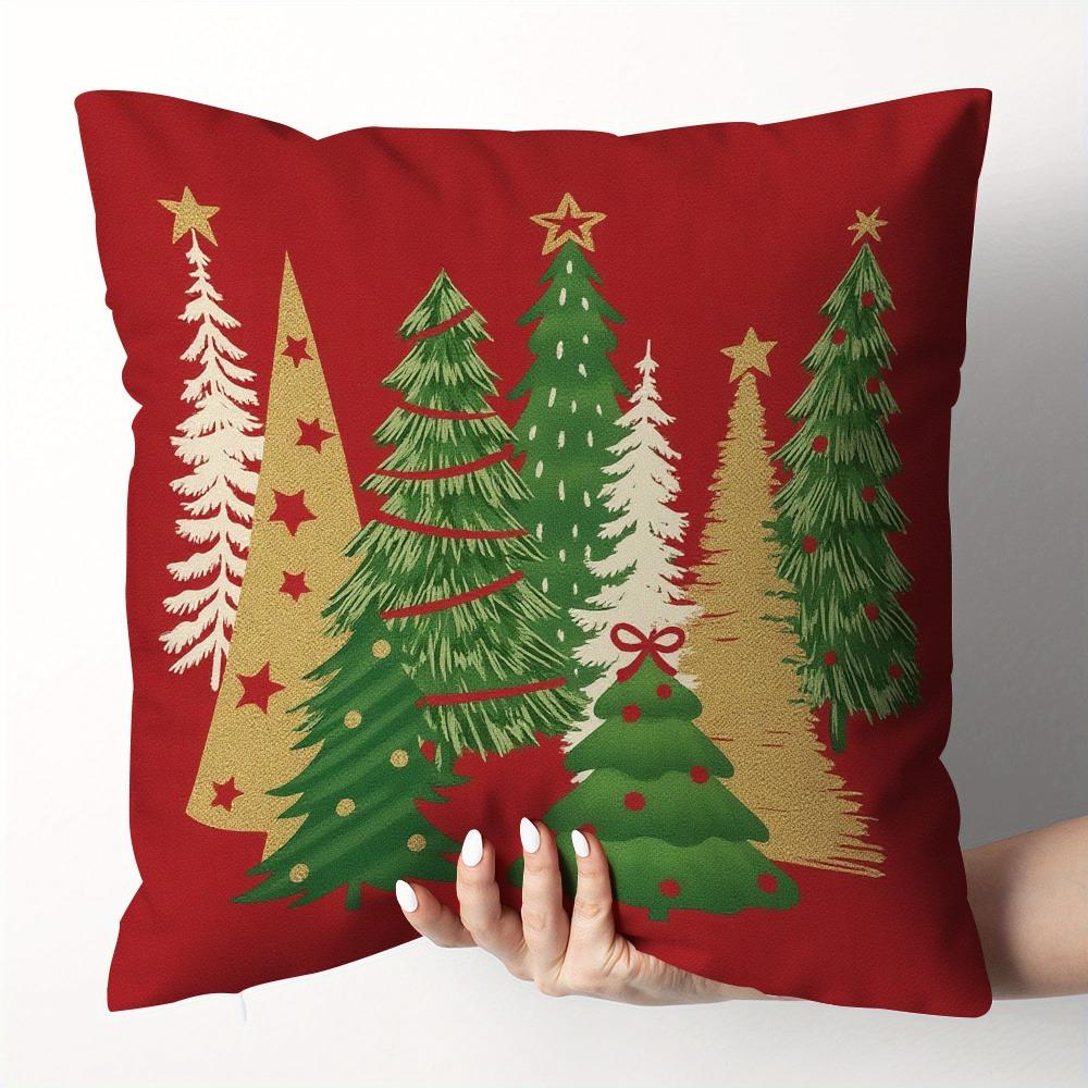 Red Background, Green and Gold Christmas Tree and Lattice Tree, Christmas Pillowcase, Super Eye-catching 2d Graphic Printing