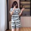 Women Striped 2 Piece Outfit Irregular Hem Short Sleeve T-shirt Drawstring Elastic Waist Shorts Casual Summer Tracksuit Loungewear Set