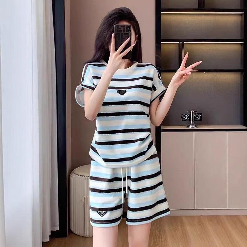 Women Striped 2 Piece Outfit Irregular Hem Short Sleeve T-shirt Drawstring Elastic Waist Shorts Casual Summer Tracksuit Loungewear Set